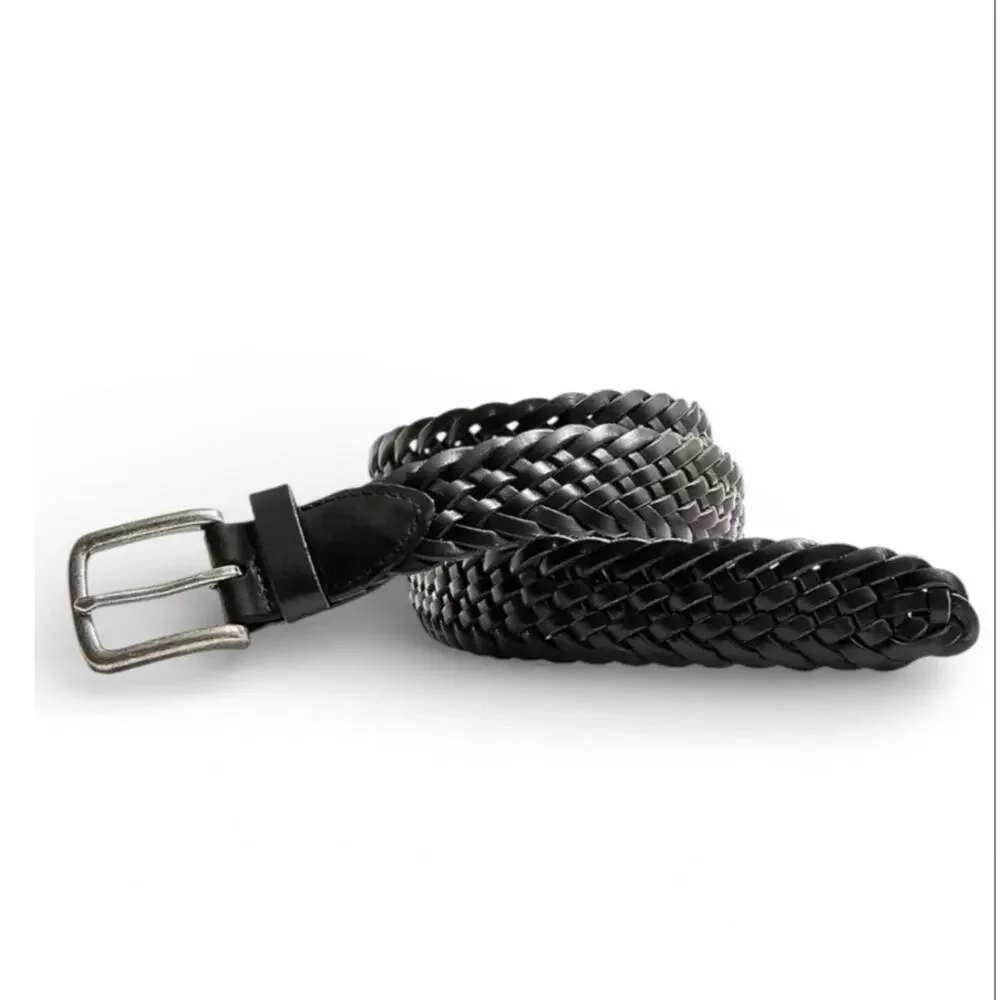 J. Crew Woven Elasticated Italian Leather Belt Adjustable Strap Black Size L NWT